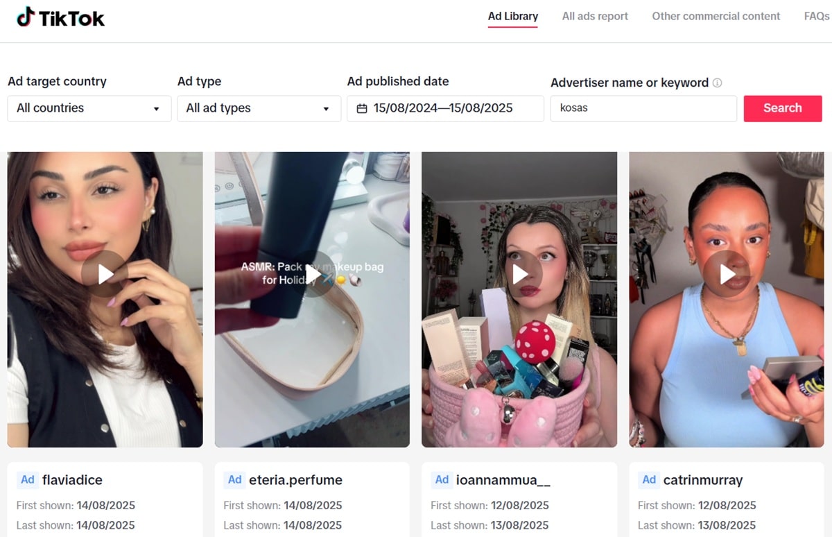 TikTok ad library showing user-generated content video ads from beauty and skincare brands for authentic marketing